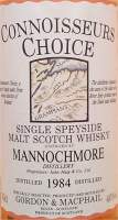 Mannochmore vintage 1984 connoisseurs Choice Gordon Macphail single speyside malt scotch whisky label